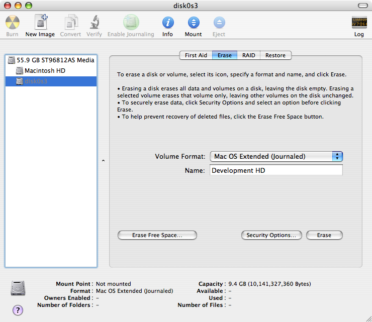 Formatting the new volumes using Disk Utility.