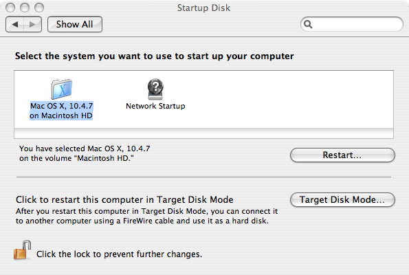 Setting up the Startup Disk in System Preferences.