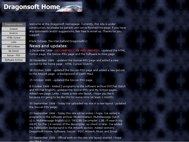 The Forever For Now, or rather Dragonsoft, website in the year 1999.