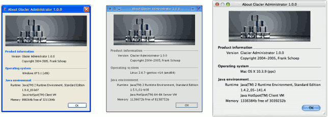 Glacier Administrator running on Windows XP, Gentoo Linux and Mac OS X.
